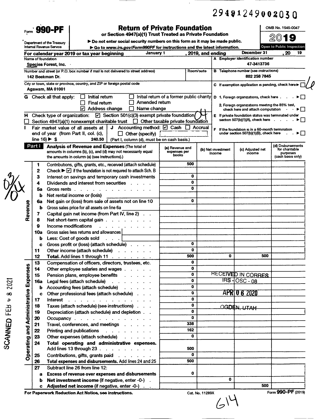 Image of first page of 2019 Form 990PF for Species Forest