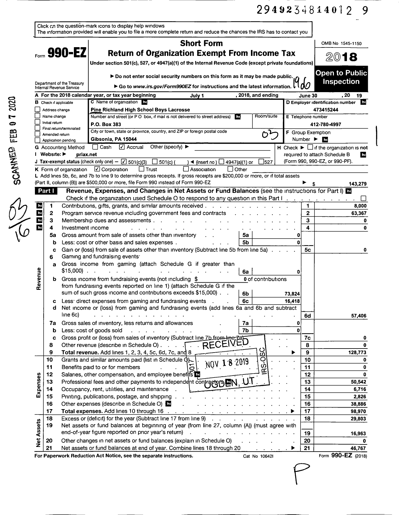 Image of first page of 2018 Form 990EZ for Pine-Richland HS Boys Lacrosse