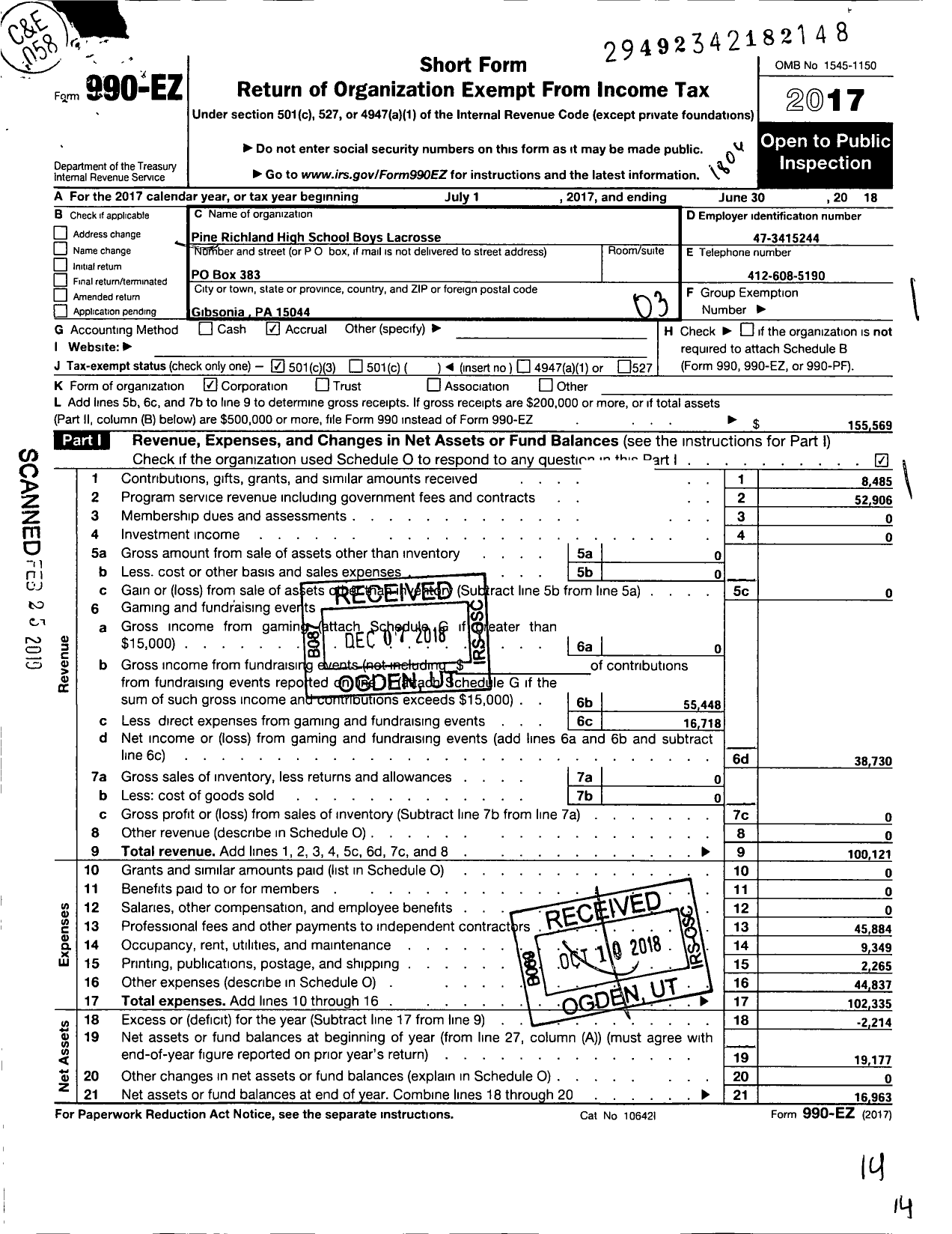 Image of first page of 2017 Form 990EZ for Pine-Richland HS Boys Lacrosse