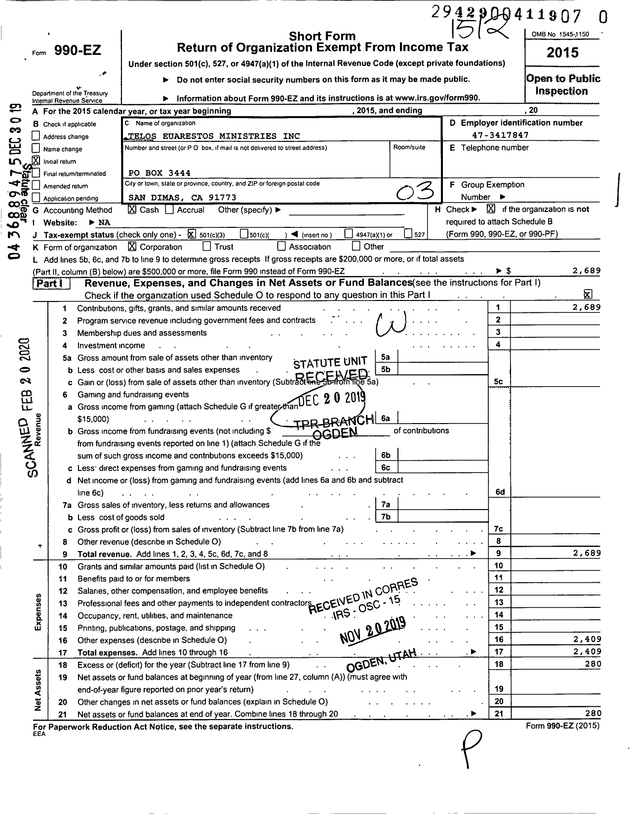 Image of first page of 2015 Form 990EZ for Telos Euarestos Ministries