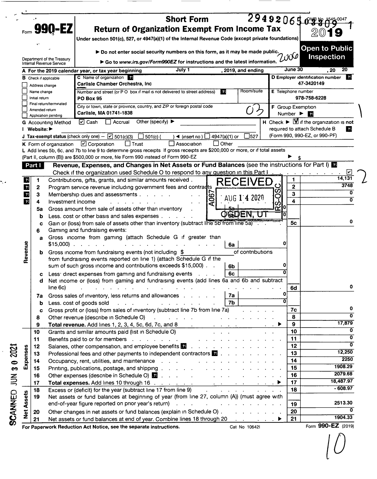 Image of first page of 2019 Form 990EZ for Carlisle Chamber Orchestra