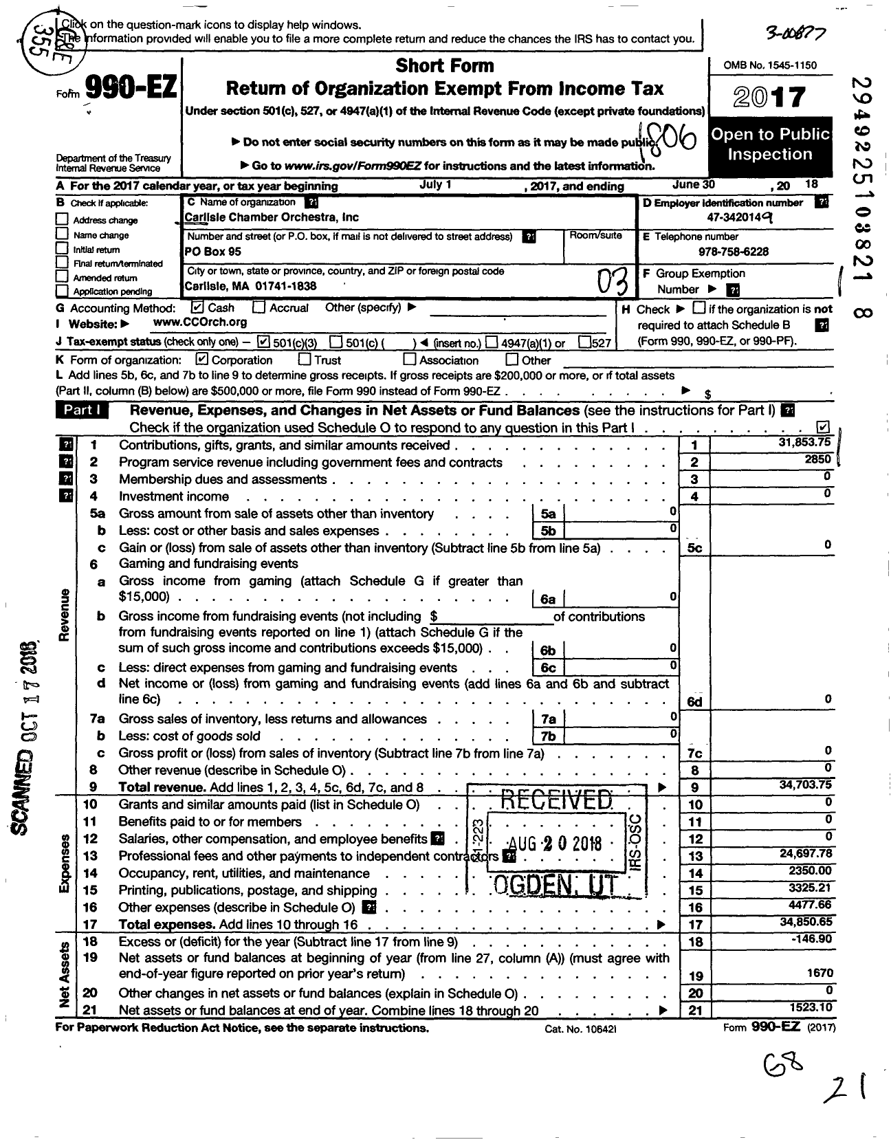 Image of first page of 2017 Form 990EZ for Carlisle Chamber Orchestra