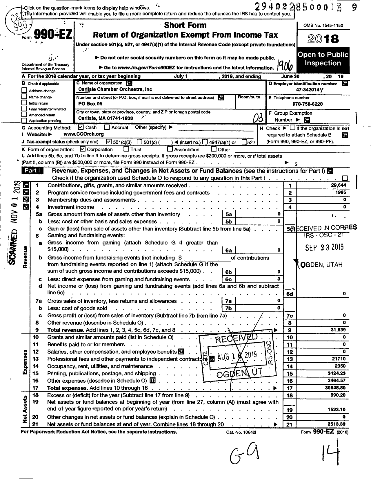 Image of first page of 2018 Form 990EZ for Carlisle Chamber Orchestra