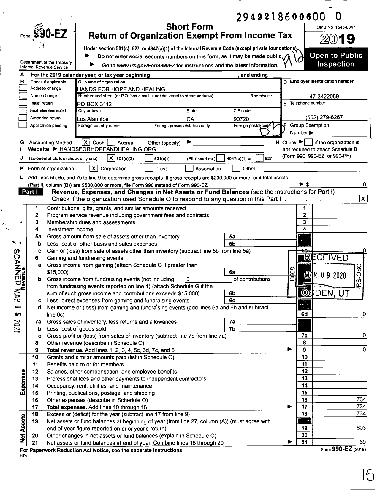 Image of first page of 2019 Form 990EZ for Hands for Hope and Healing