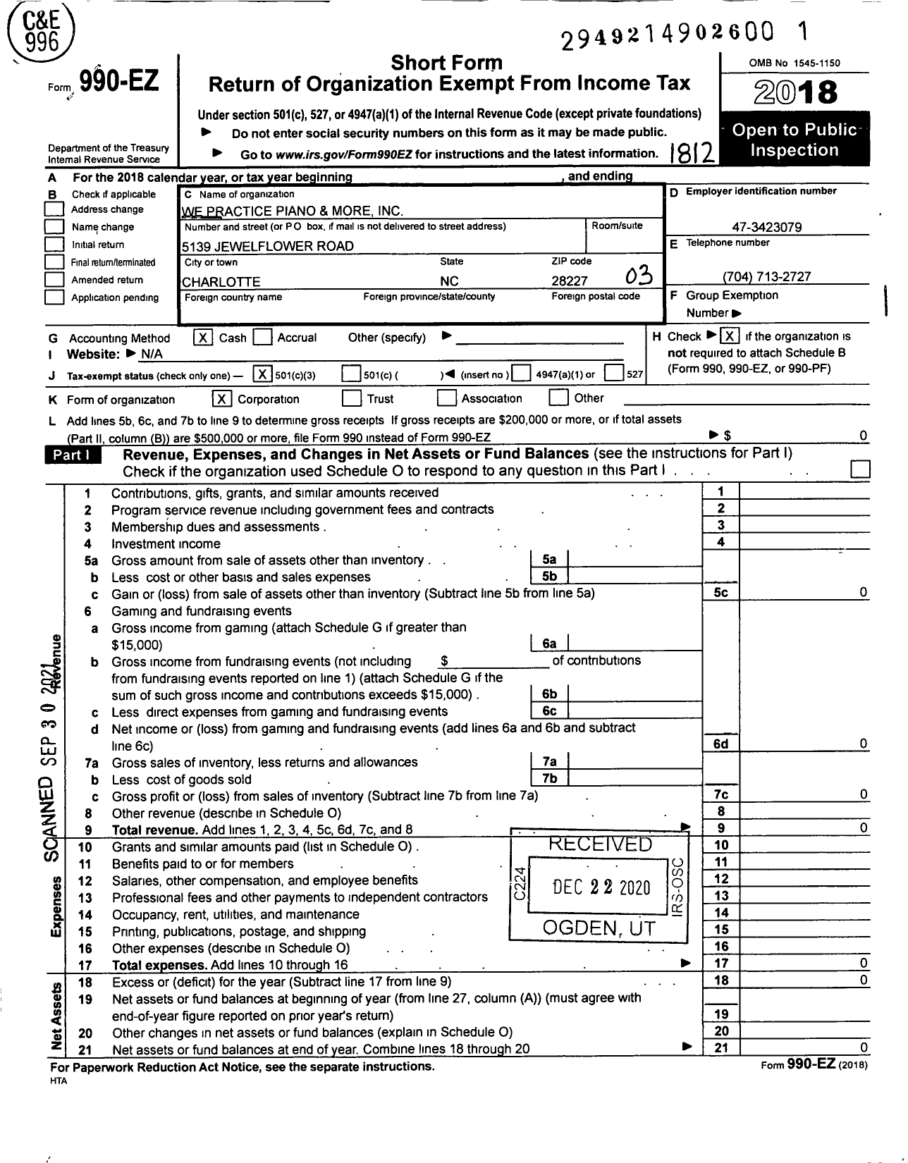 Image of first page of 2018 Form 990EZ for We Practice Piano and More