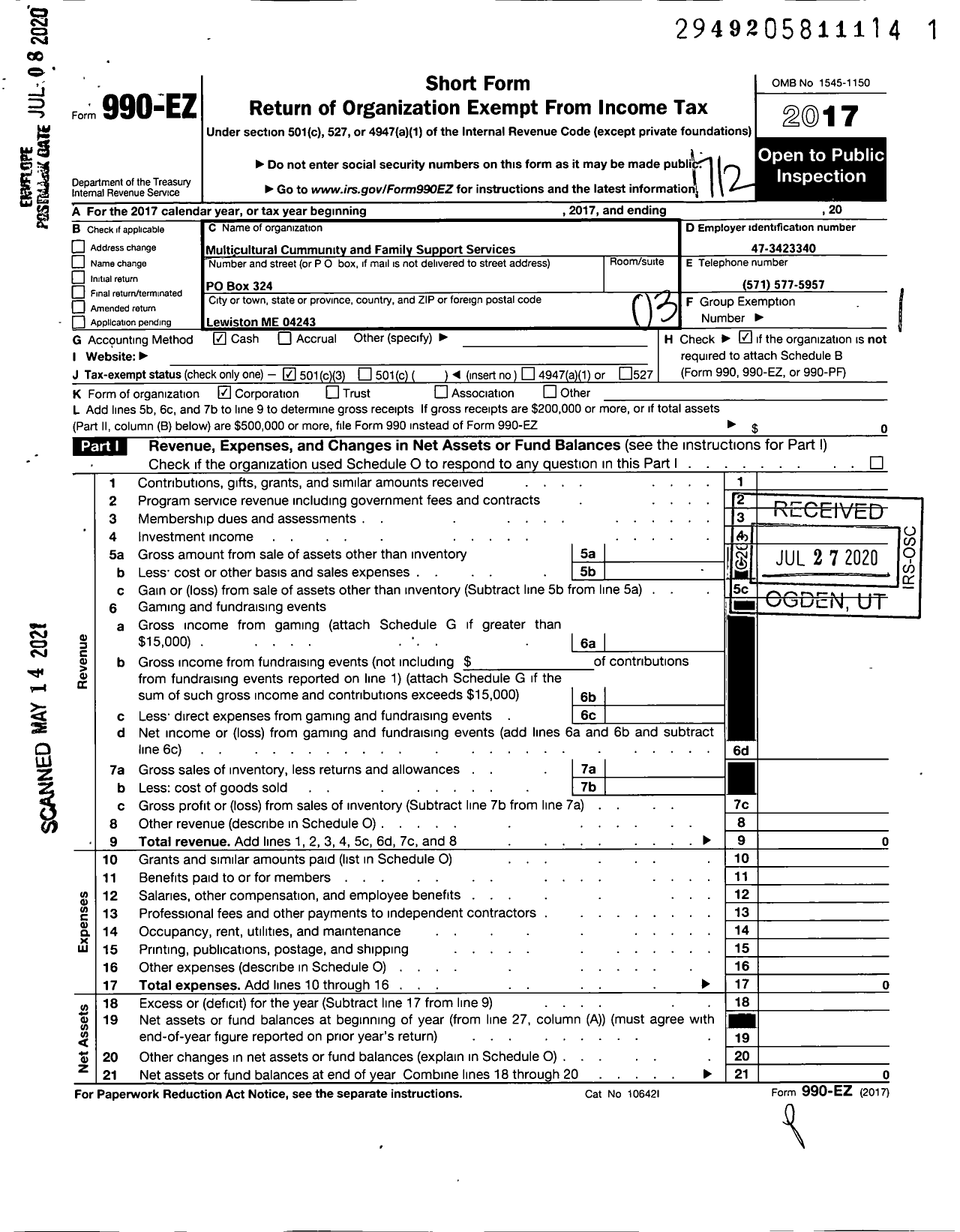 Image of first page of 2017 Form 990EZ for Multicultural Community and Family Support Services