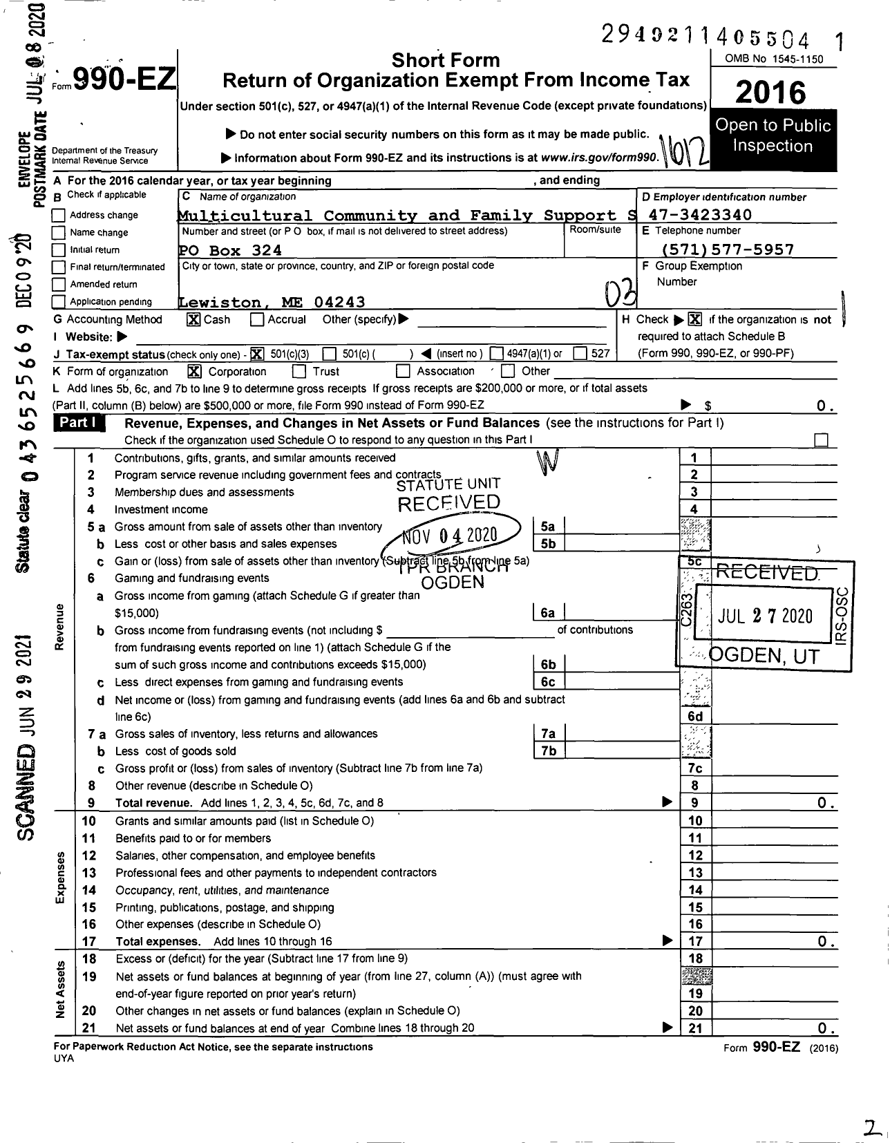 Image of first page of 2016 Form 990EZ for Multicultural Community and Family Support Services