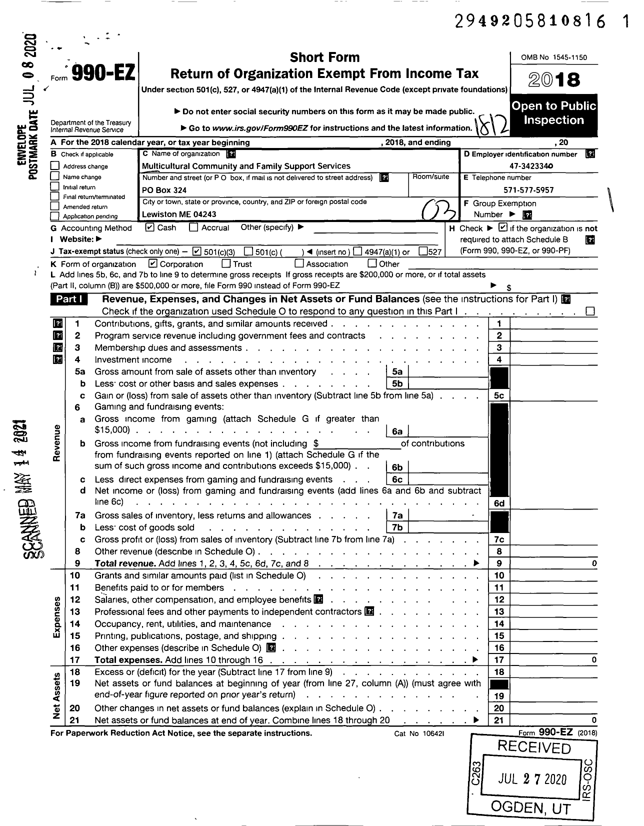 Image of first page of 2018 Form 990EZ for Multicultural Community and Family Support Services