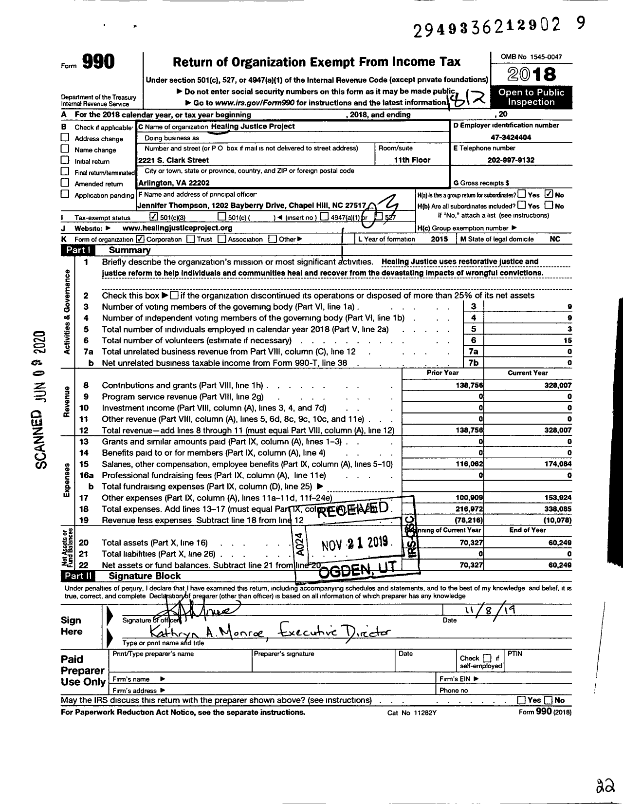 Image of first page of 2018 Form 990 for Healing Justice Project