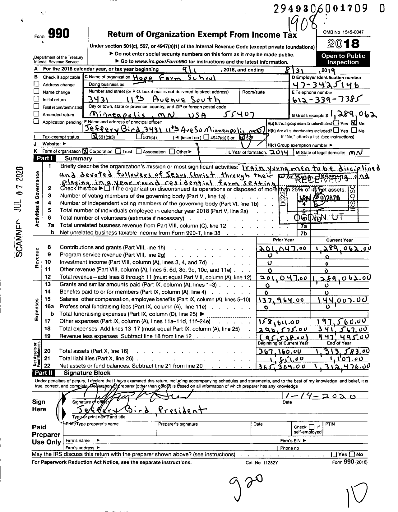 Image of first page of 2018 Form 990 for Hope Farm School