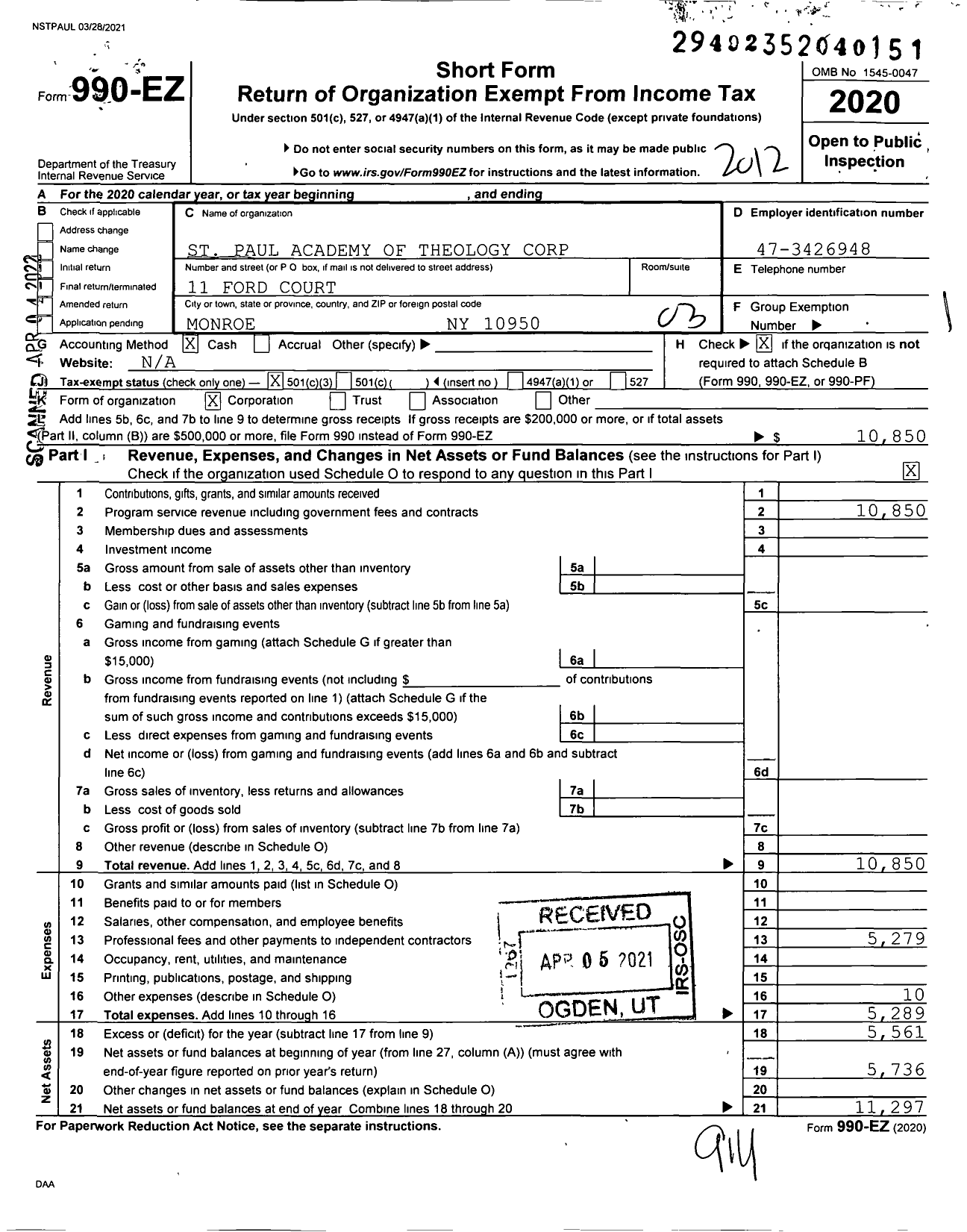 Image of first page of 2020 Form 990EZ for St Paul Academy of Theology Corporation