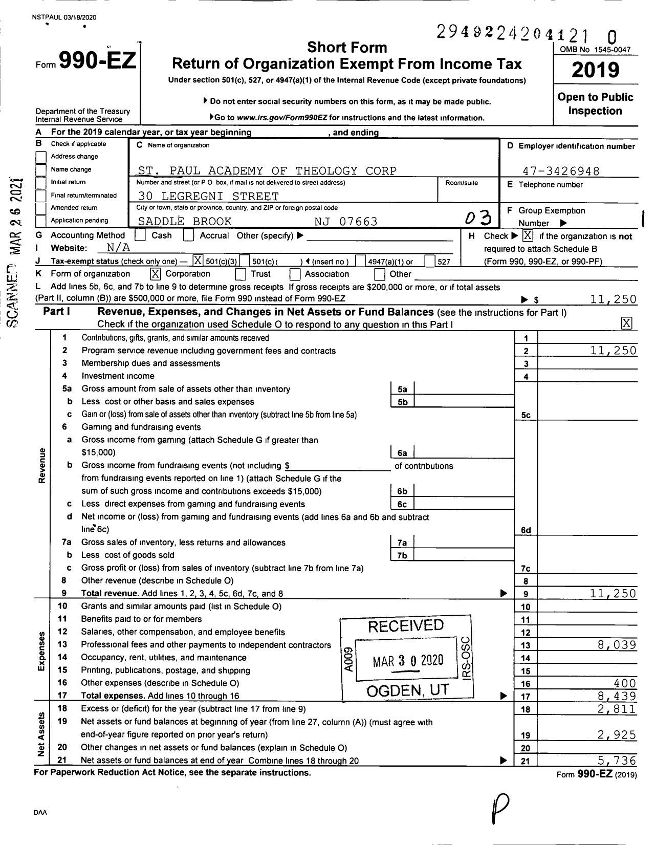 Image of first page of 2019 Form 990EZ for St Paul Academy of Theology Corporation