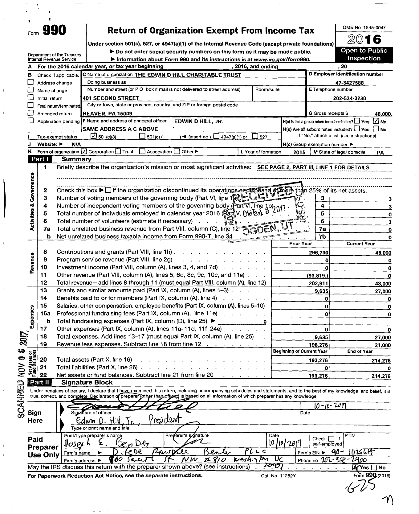 Image of first page of 2016 Form 990 for Edwin D Hill Charitable Trust