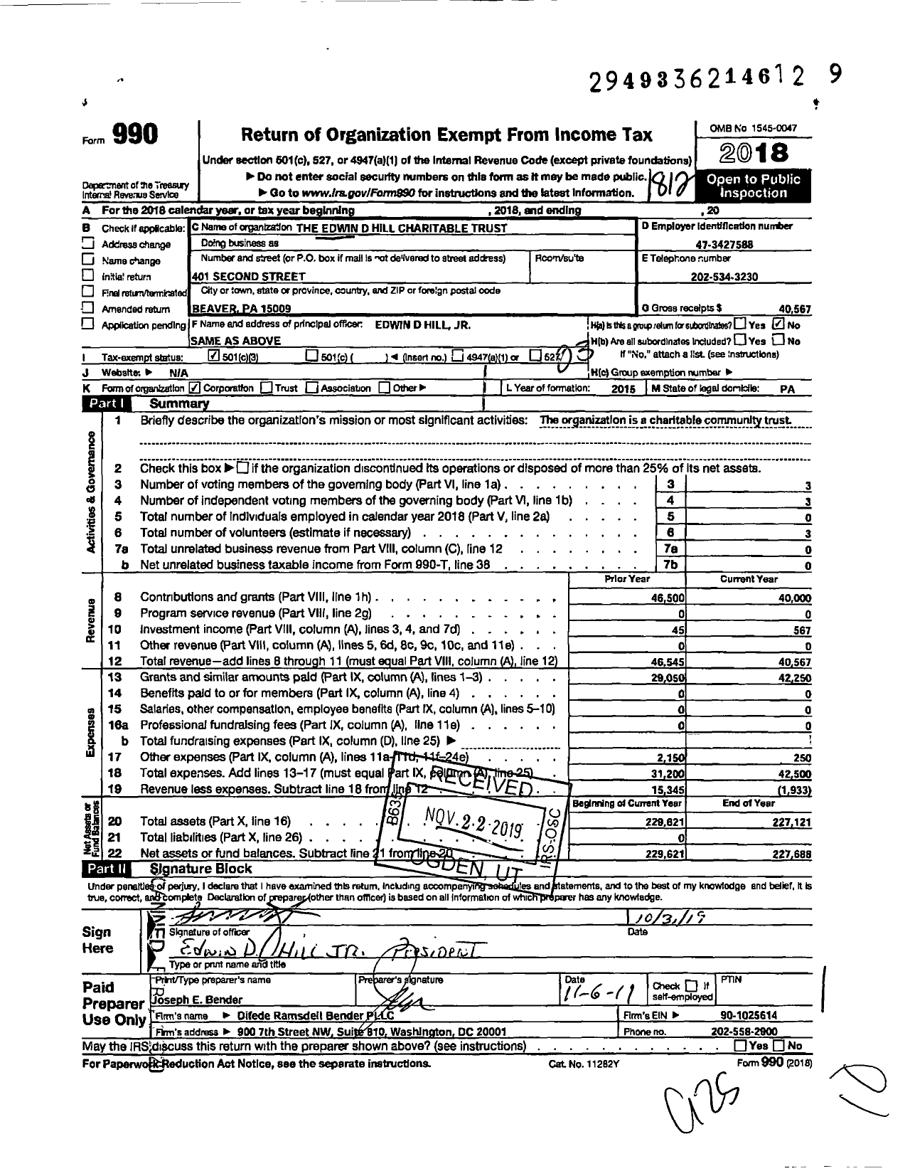 Image of first page of 2018 Form 990 for Edwin D Hill Charitable Trust