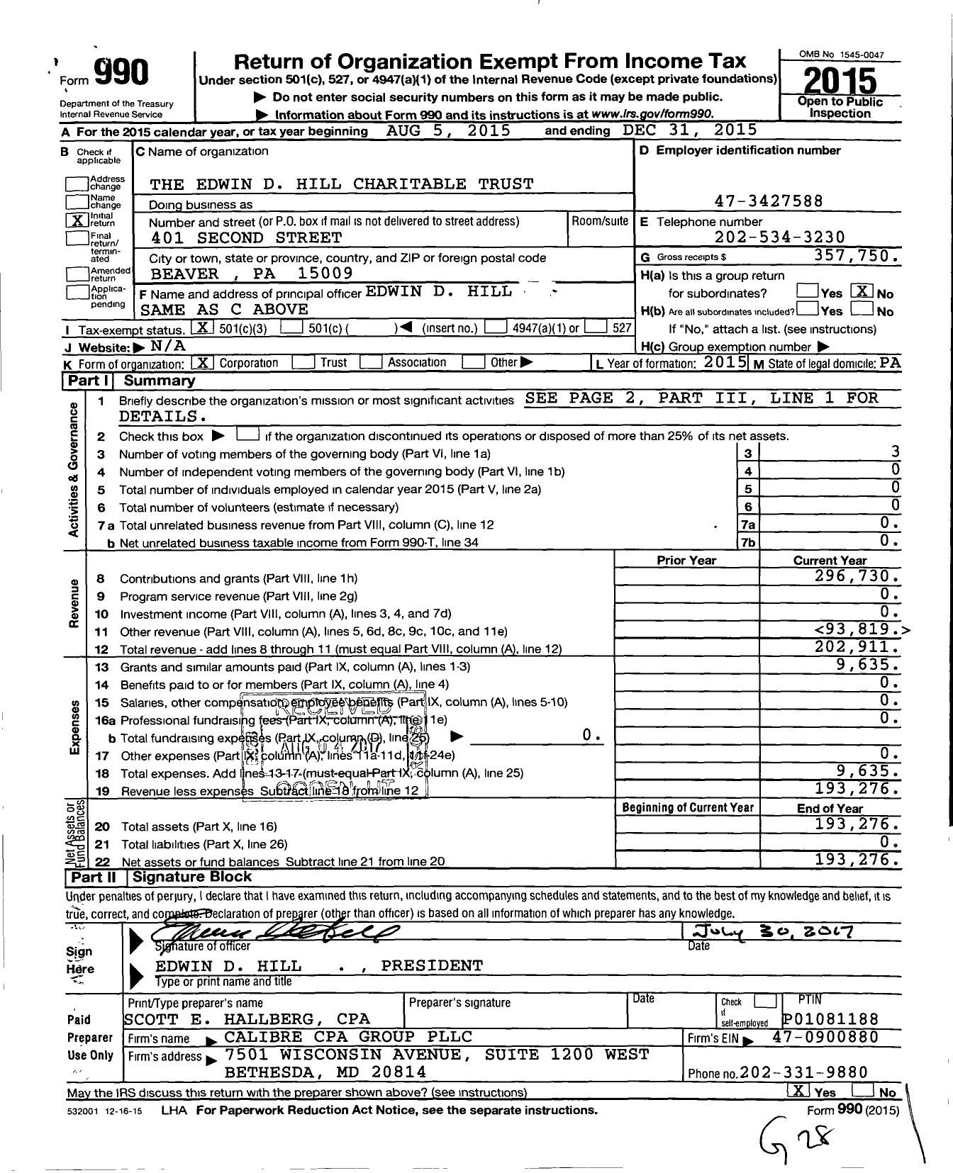 Image of first page of 2015 Form 990 for Edwin D Hill Charitable Trust