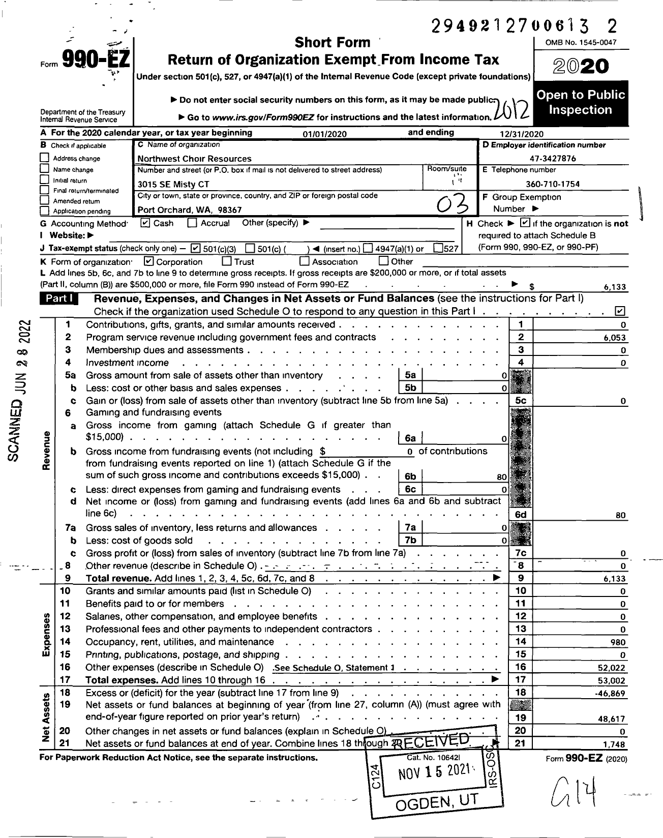 Image of first page of 2020 Form 990EZ for Northwest Choir Resources