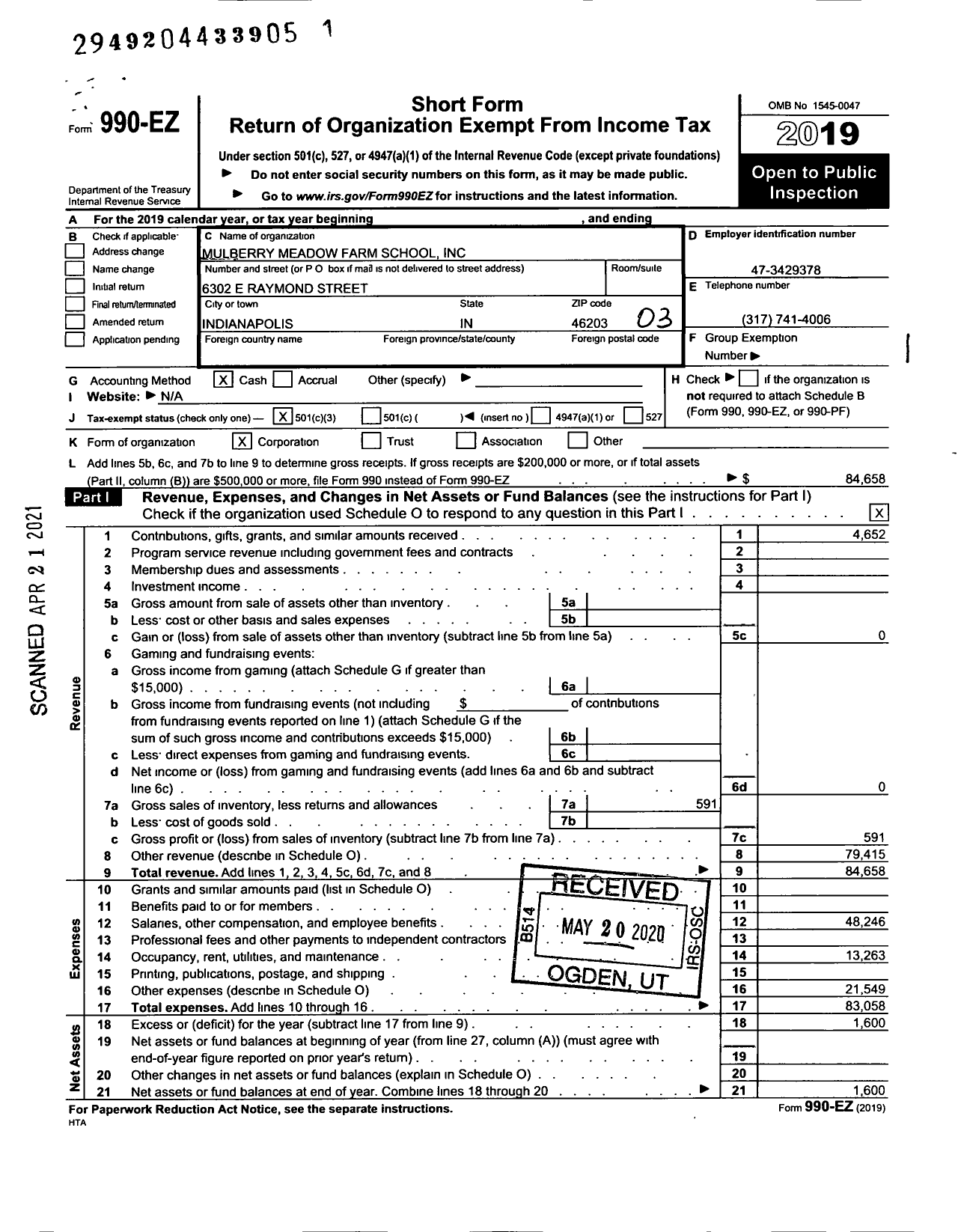 Image of first page of 2019 Form 990EZ for Distelrath Farms