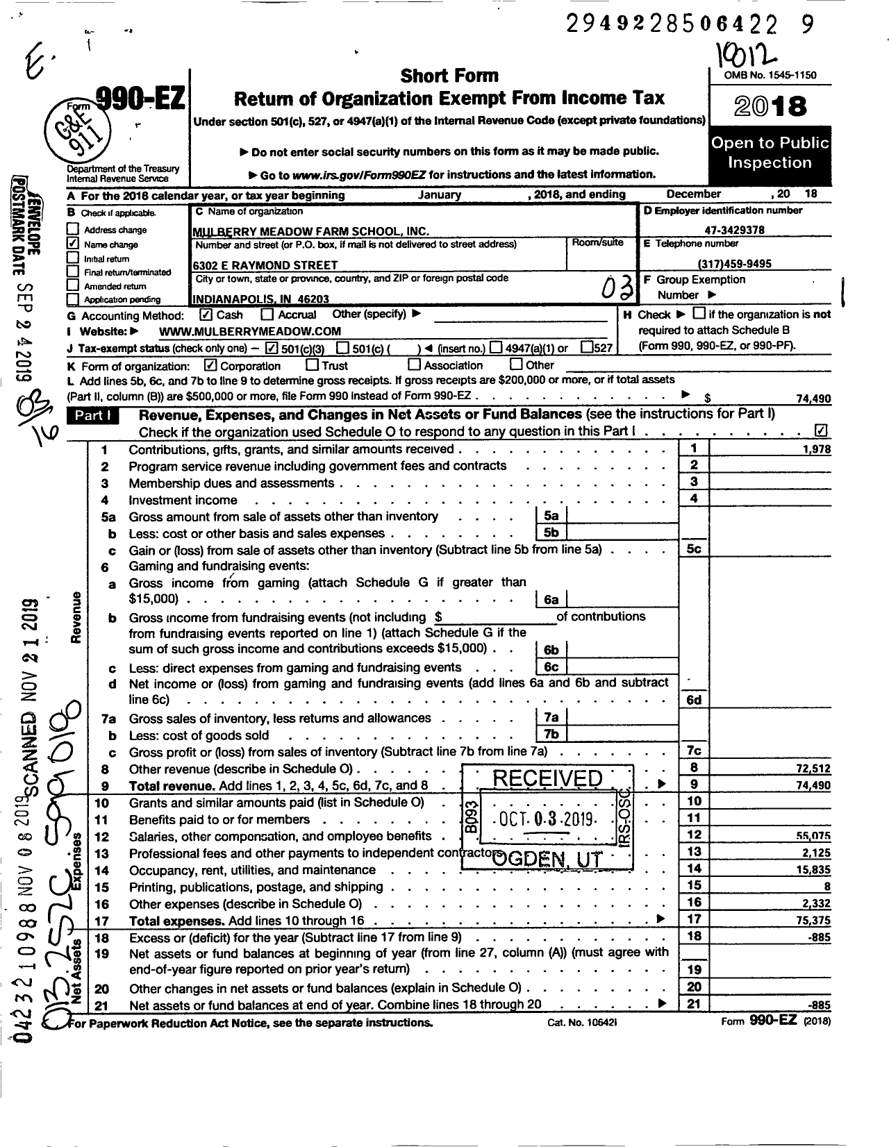 Image of first page of 2018 Form 990EZ for Distelrath Farms