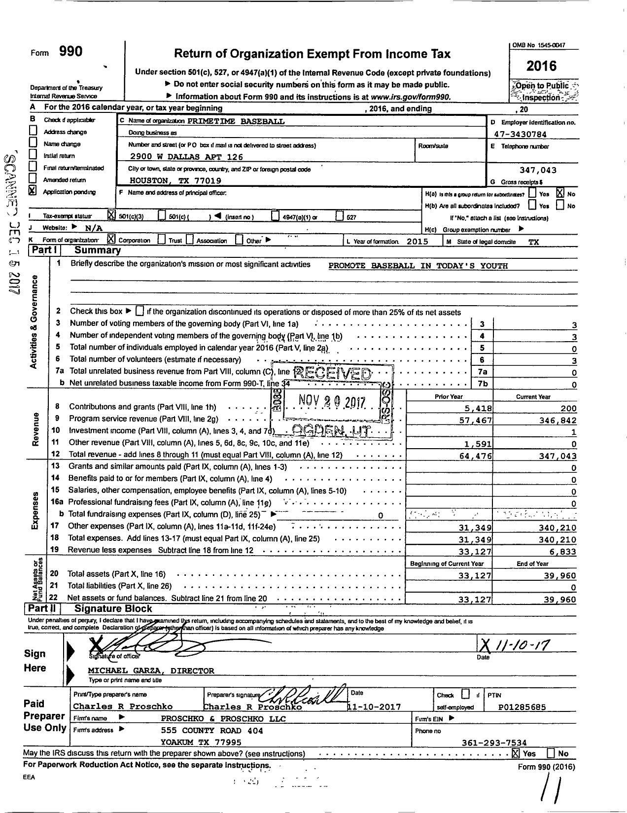 Image of first page of 2016 Form 990 for Primetime Baseball