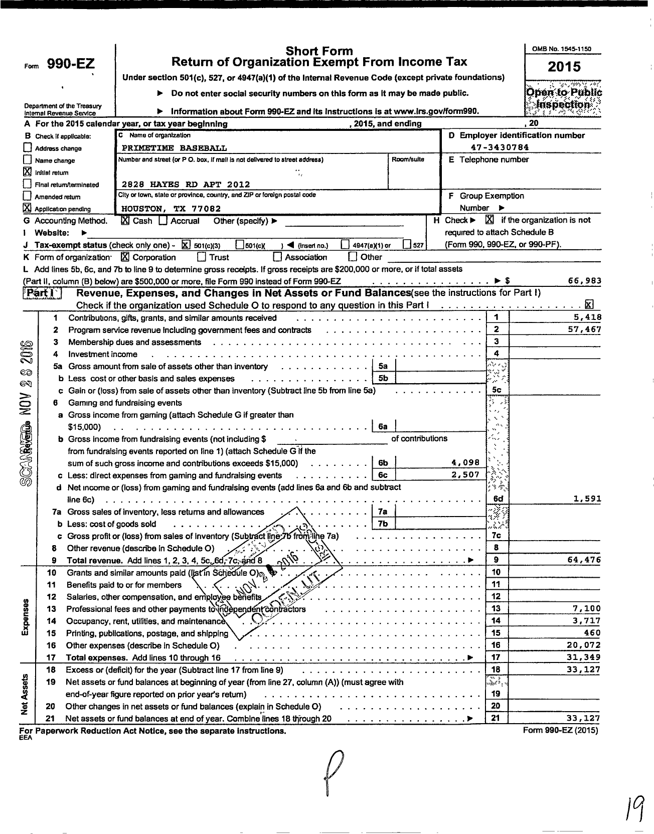 Image of first page of 2015 Form 990EZ for Primetime Baseball