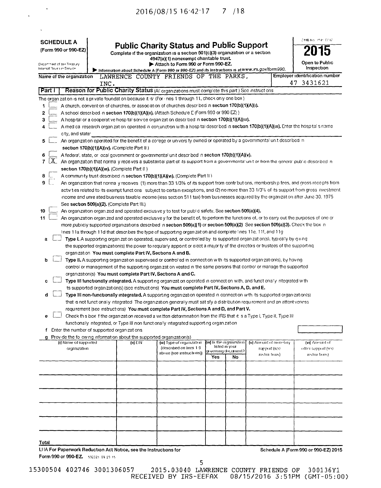 Image of first page of 2015 Form 990ER for Lawrence County Friends of the Parks