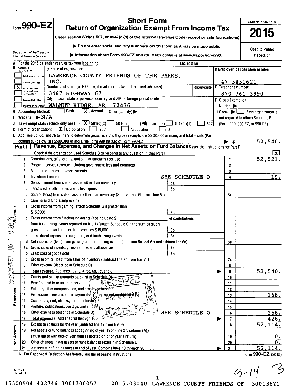 Image of first page of 2015 Form 990EZ for Lawrence County Friends of the Parks