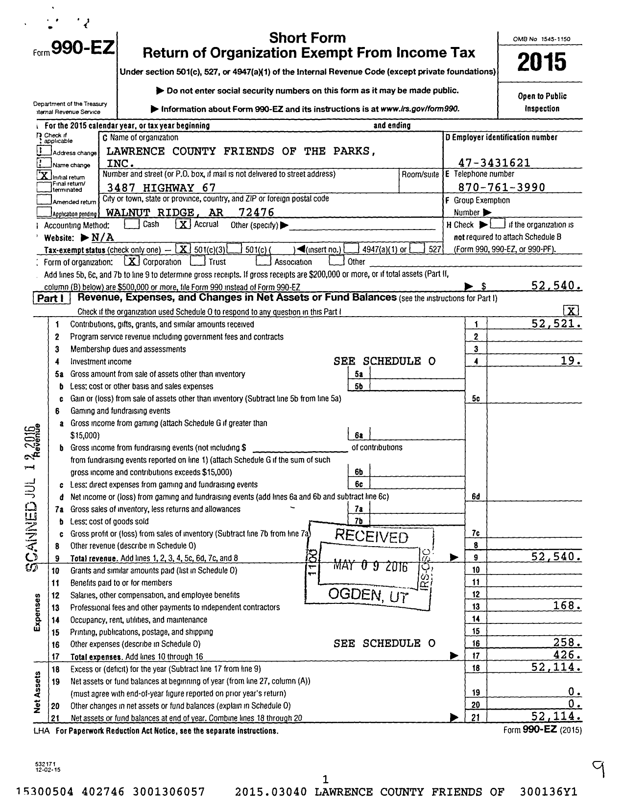 Image of first page of 2015 Form 990EZ for Lawrence County Friends of the Parks