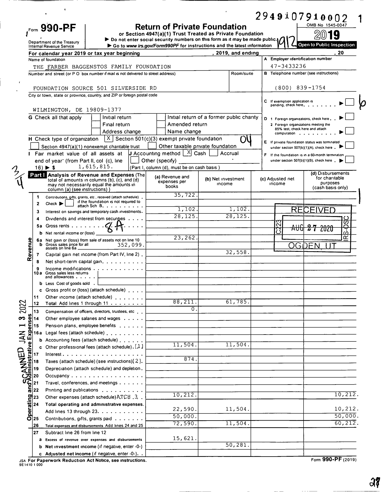 Image of first page of 2019 Form 990PF for The Farber Baggenstos Family Foundation