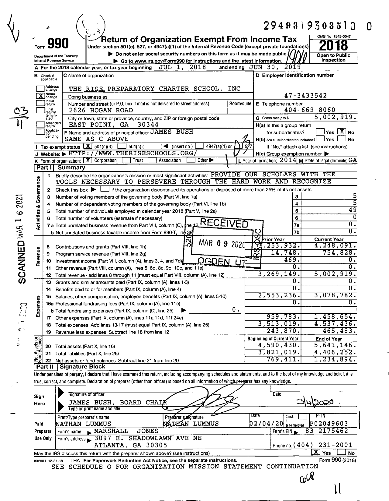 Image of first page of 2018 Form 990 for Rise Preparatory Charter School