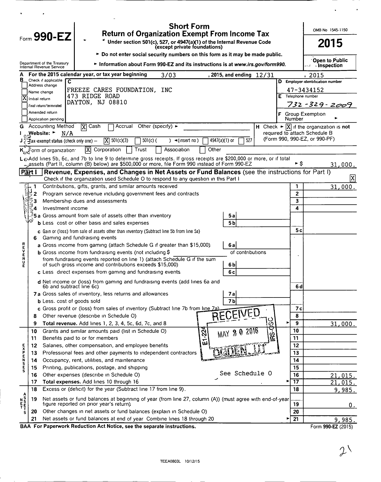 Image of first page of 2015 Form 990EZ for Freeze Cares Foundation