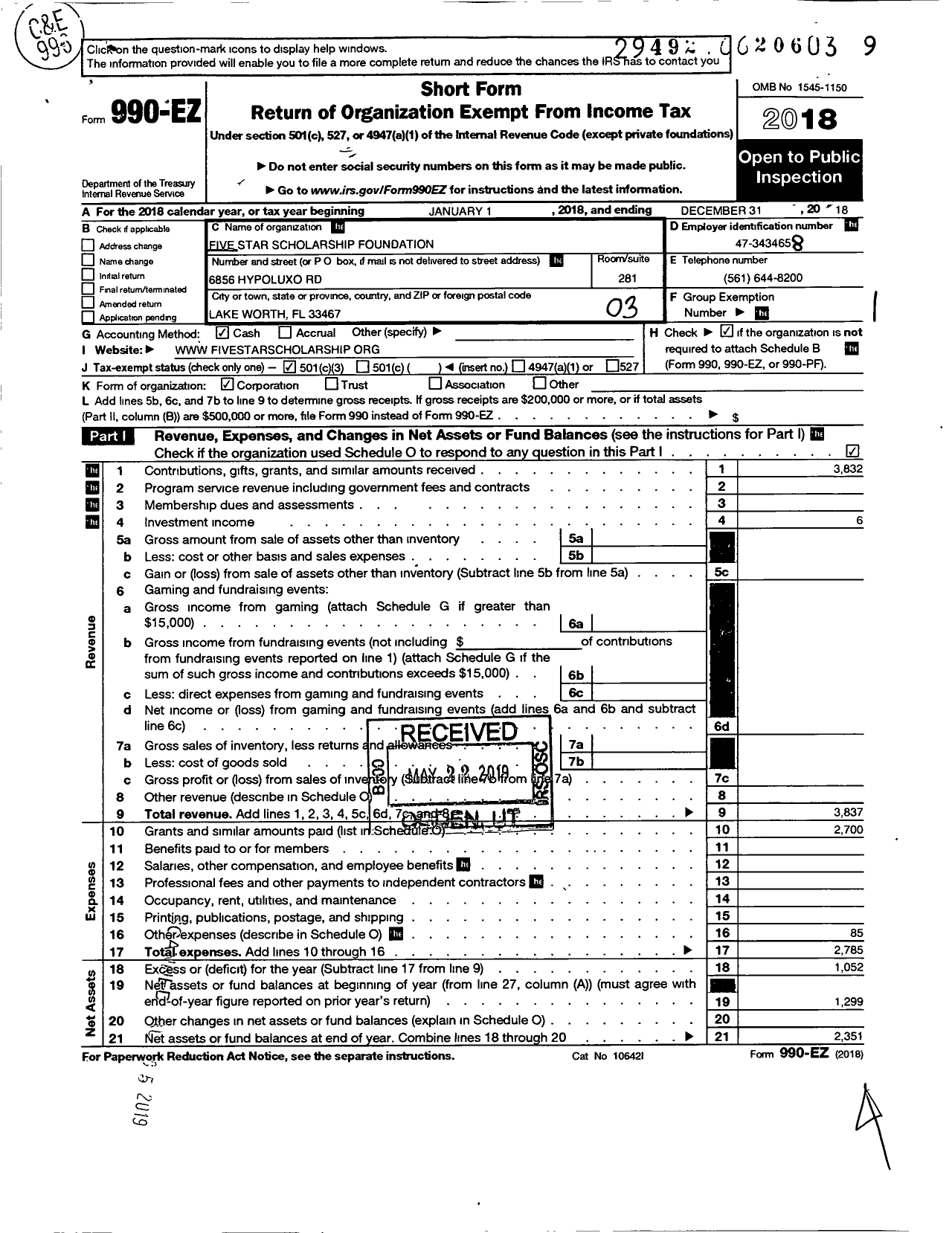 Image of first page of 2018 Form 990EZ for Five Star Scholarship Foundation