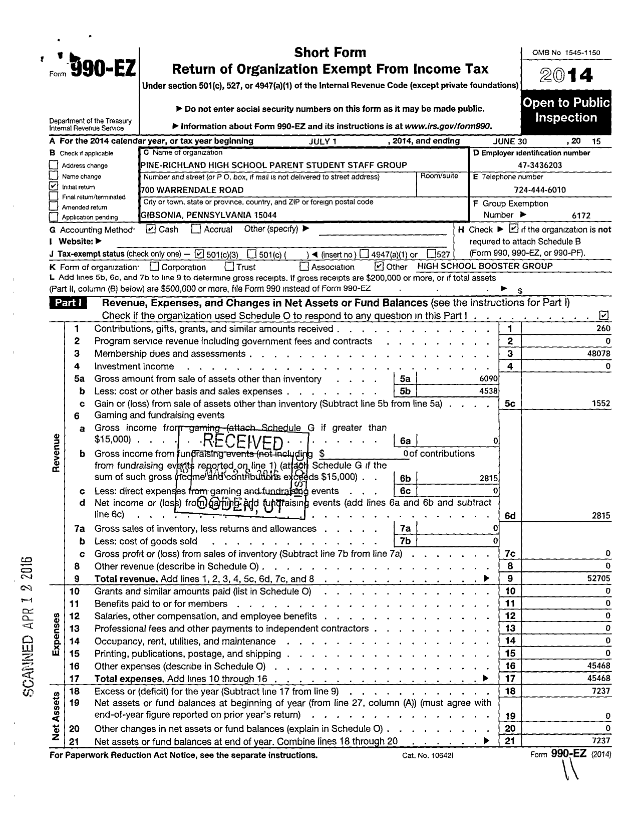 Image of first page of 2014 Form 990EZ for Pine Richland Unified Booster Organization / Pine-Richland HS Parent Student