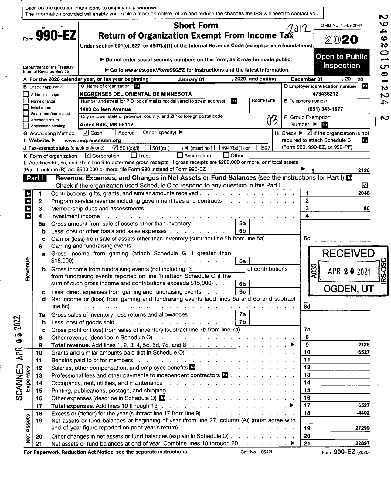 Image of first page of 2020 Form 990EZ for Negrenses del Oriental de Minnesota