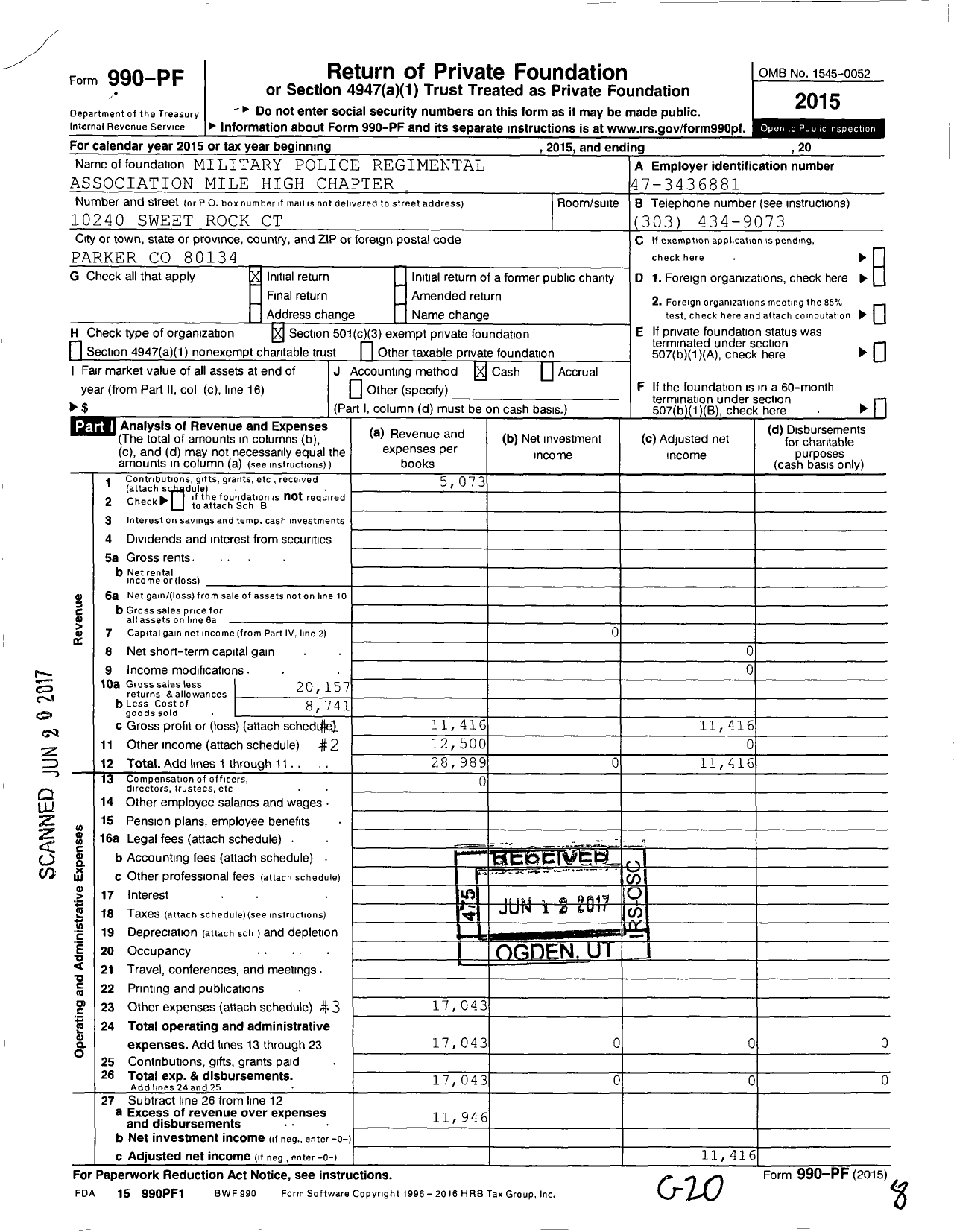 Image of first page of 2015 Form 990PF for Military Police Regimental Assc Mile High Chapter