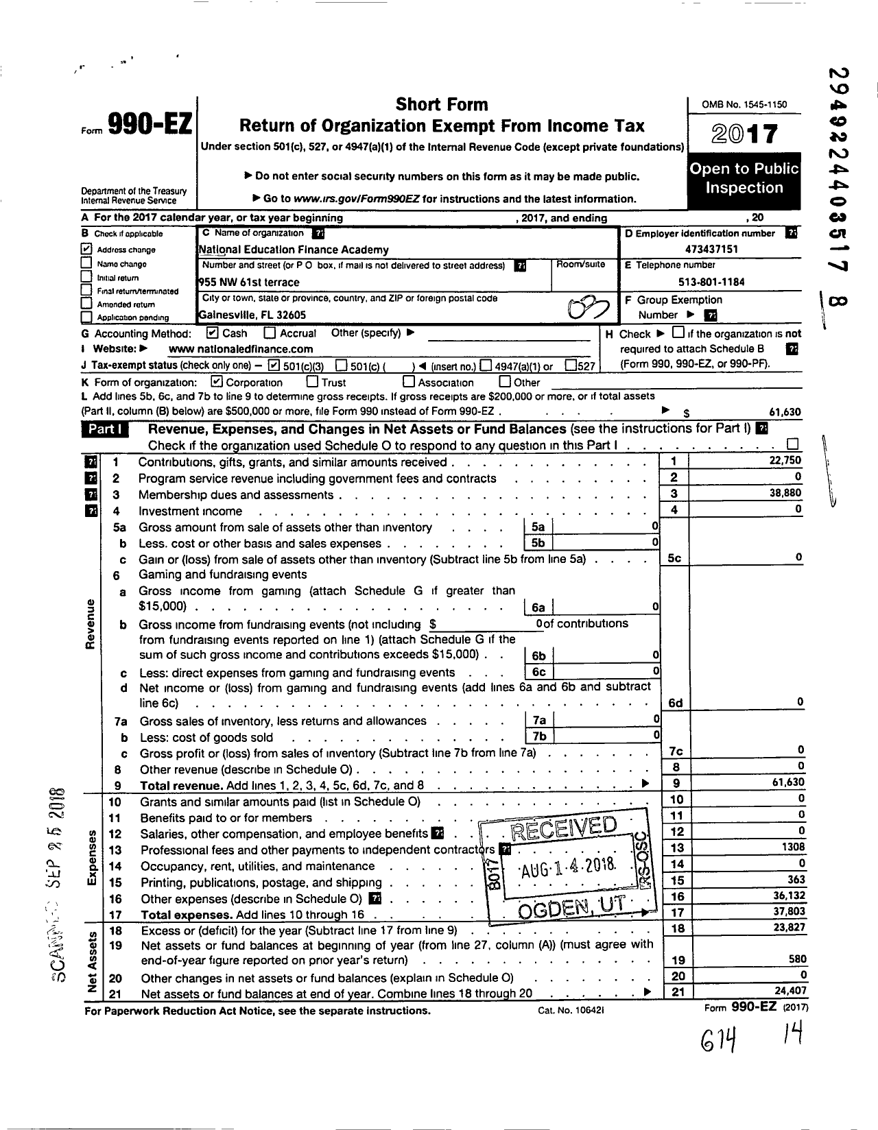 Image of first page of 2017 Form 990EZ for National Education Finance Academy