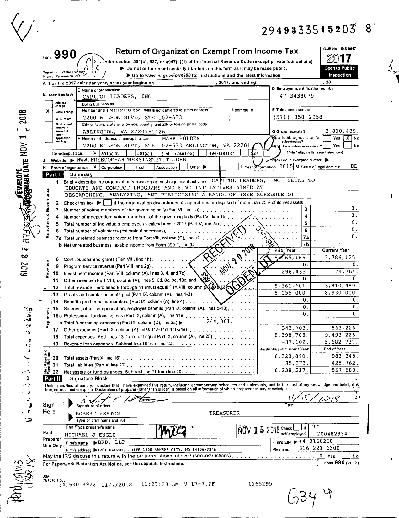 Image of first page of 2017 Form 990 for Freedom Partners