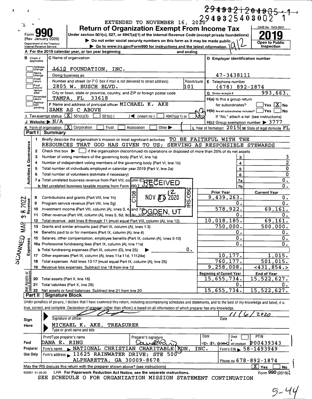 Image of first page of 2019 Form 990 for National Christian Charitable Foundation - 1610 Foundation