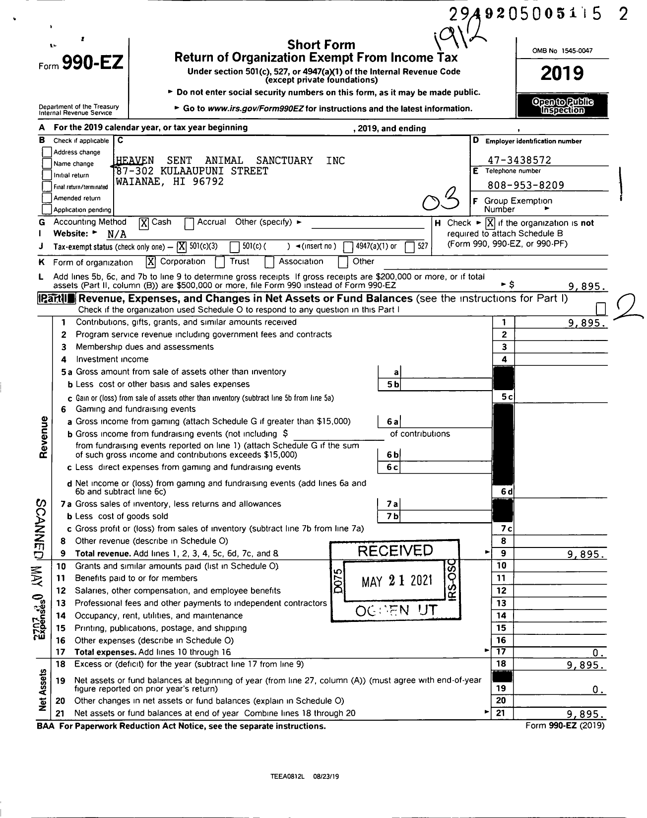 Image of first page of 2019 Form 990EZ for Heaven Sent Animal Sanctuary