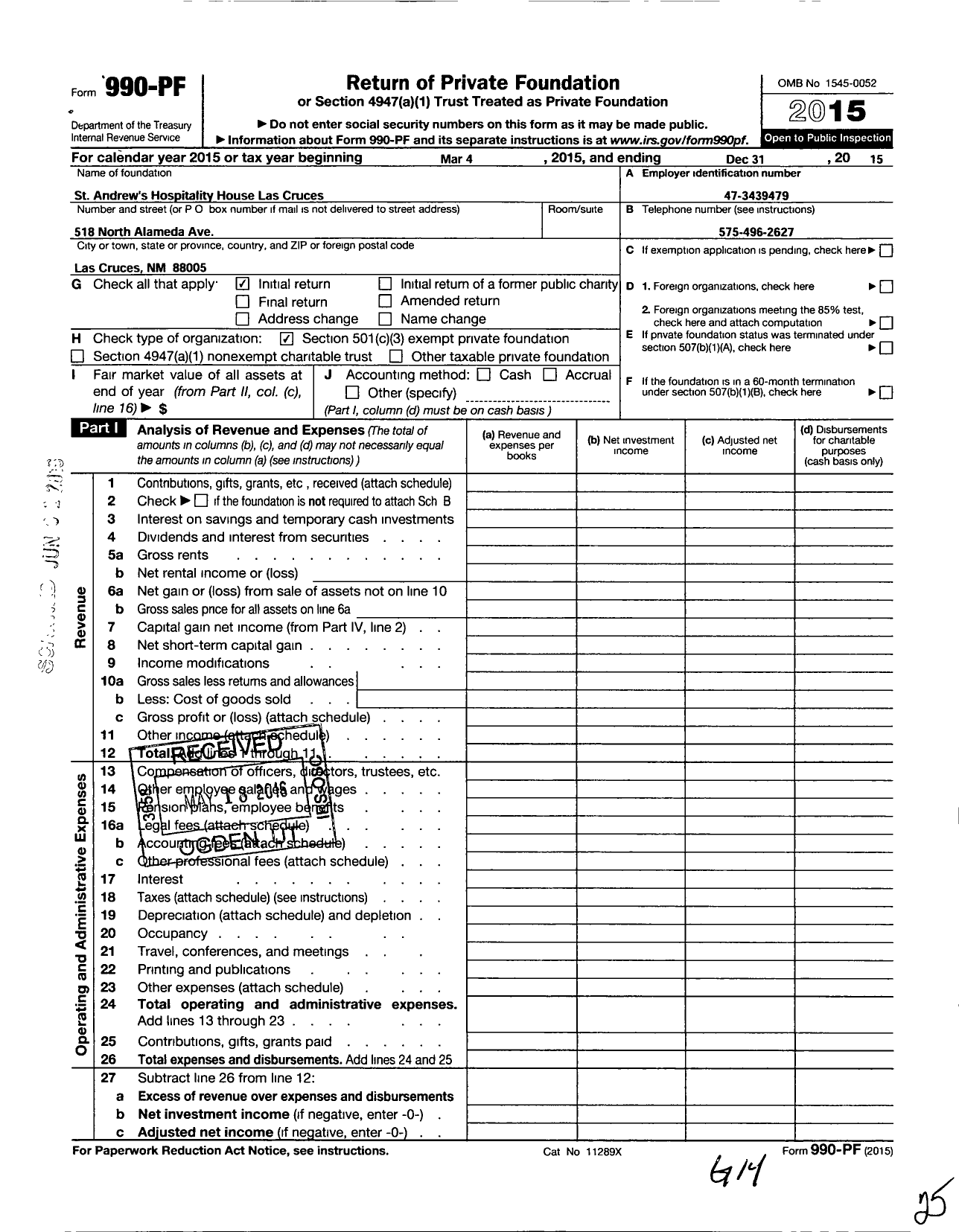 Image of first page of 2015 Form 990PF for St Andrews Hospitality House Las Cruces