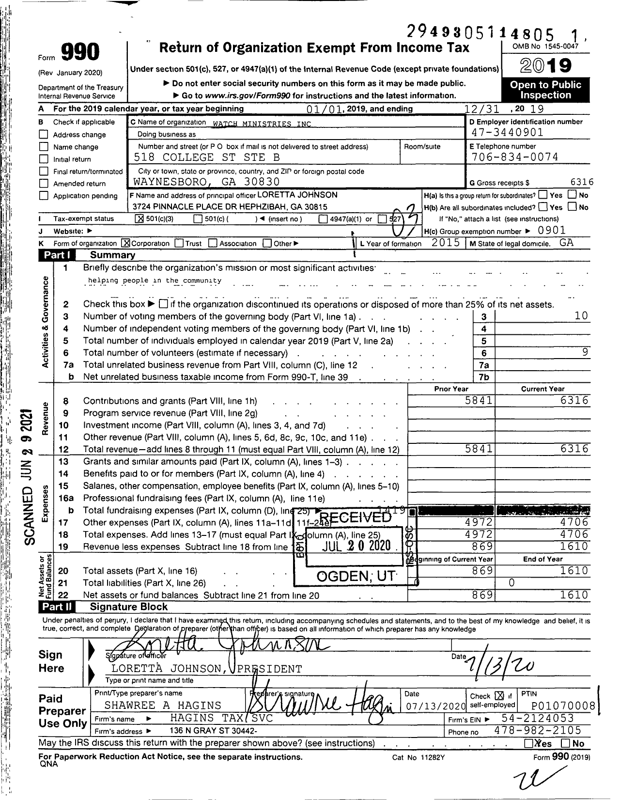 Image of first page of 2019 Form 990 for Watch Ministries