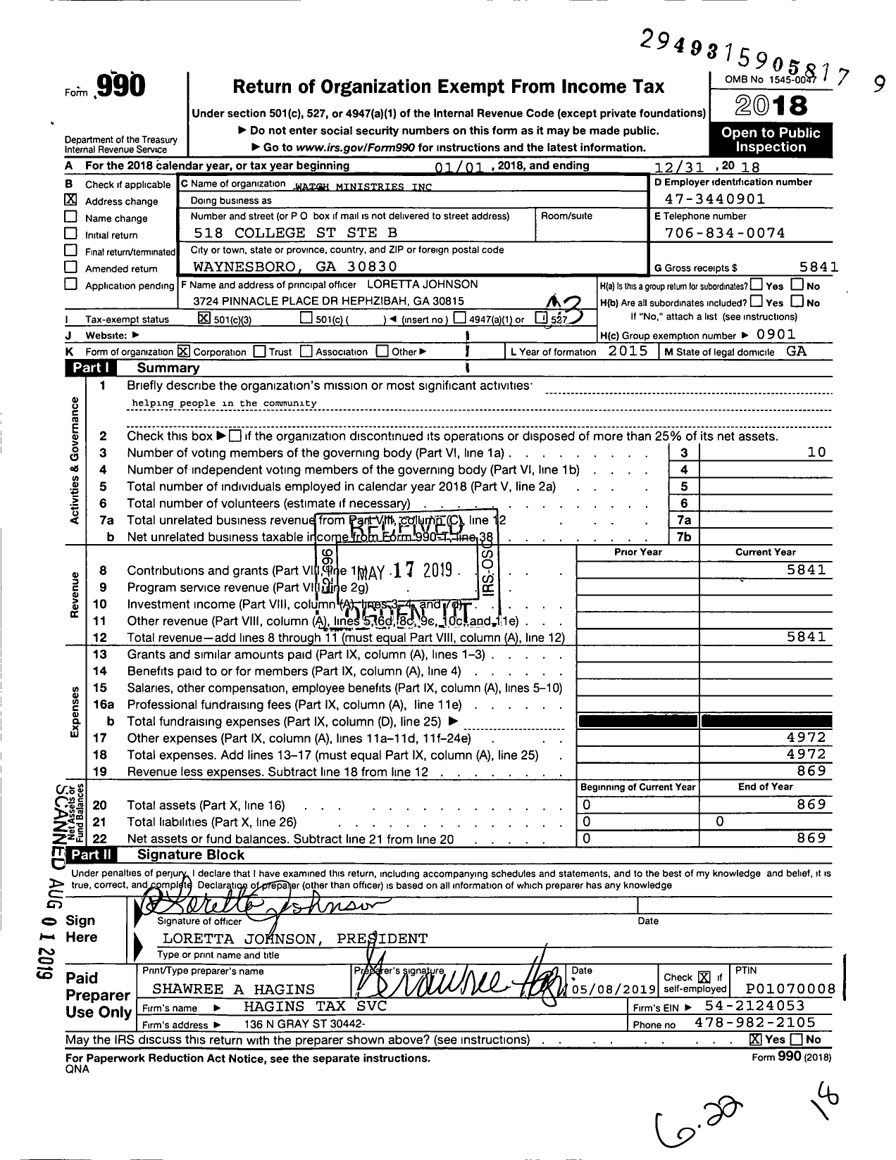 Image of first page of 2018 Form 990 for Watch Ministries