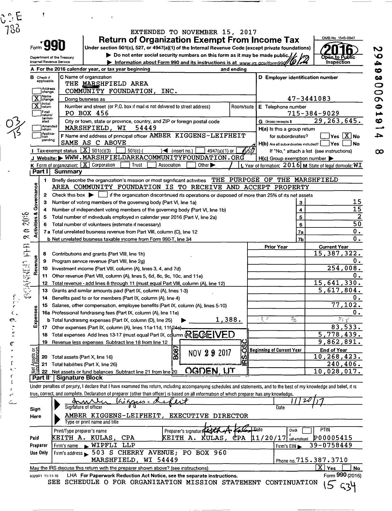 Image of first page of 2016 Form 990 for Marshfield Area Community Foundation
