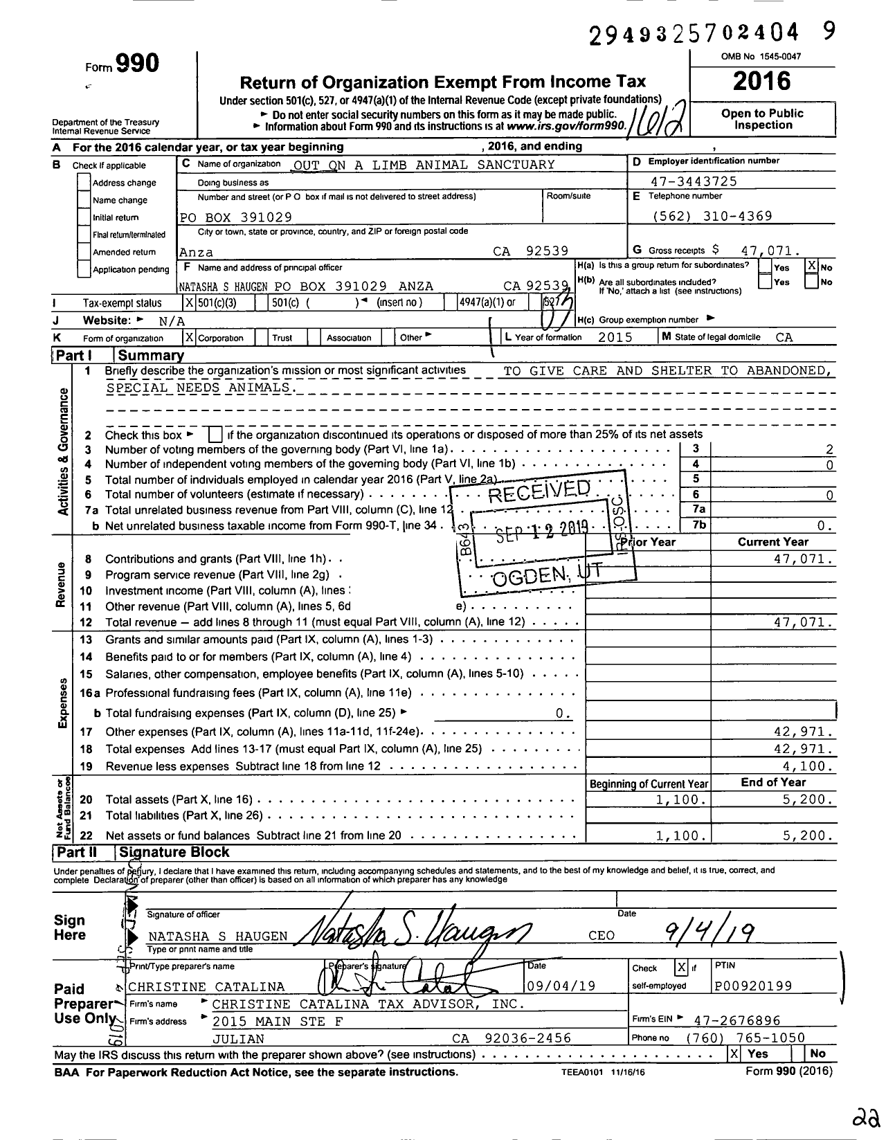 Image of first page of 2016 Form 990 for Out on A Limb Animal Sanctuary