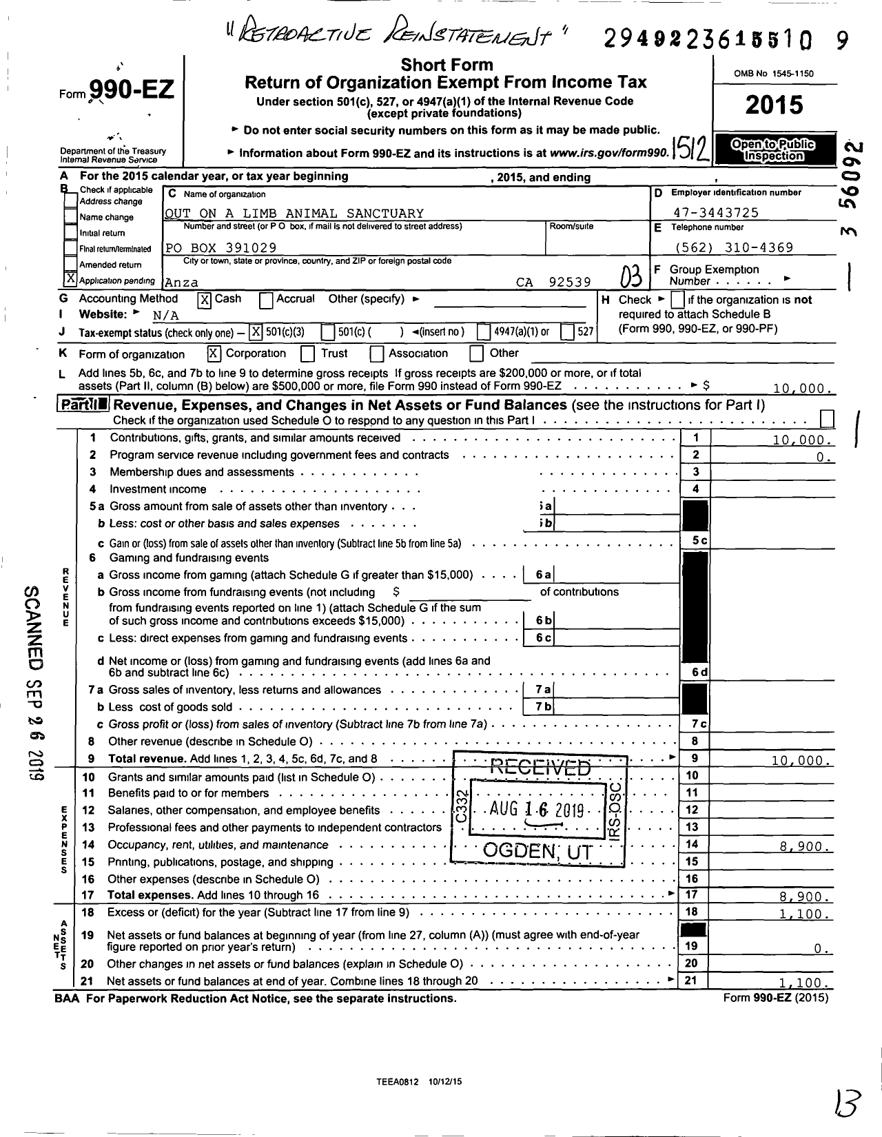 Image of first page of 2015 Form 990EZ for Out on A Limb Animal Sanctuary