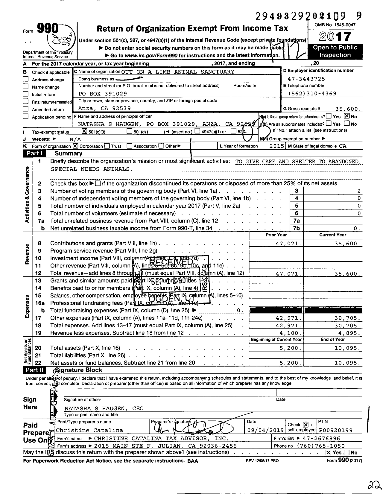 Image of first page of 2017 Form 990 for Out on A Limb Animal Sanctuary