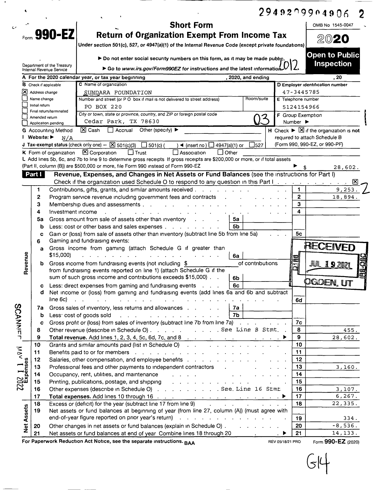 Image of first page of 2020 Form 990EZ for Overcome Anxiety Project