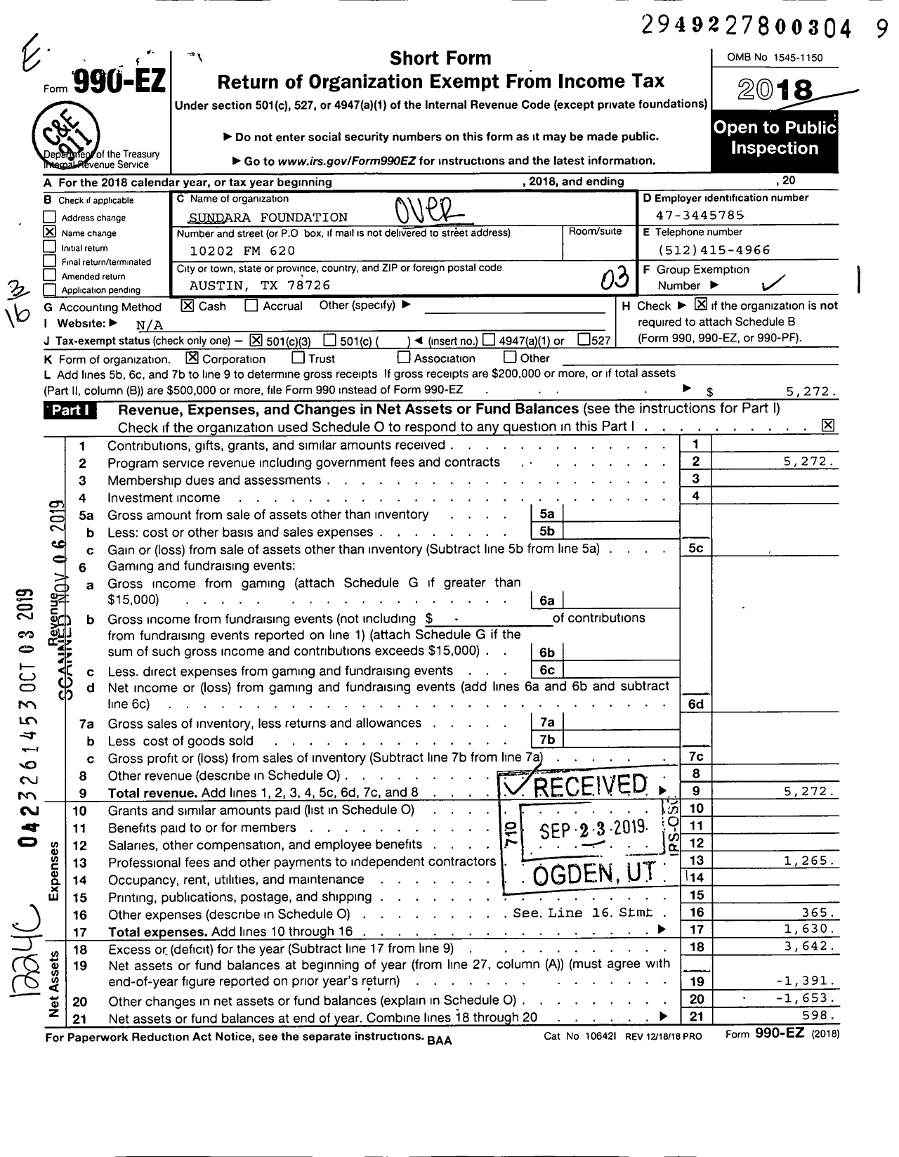 Image of first page of 2018 Form 990EZ for Overcome Anxiety Project