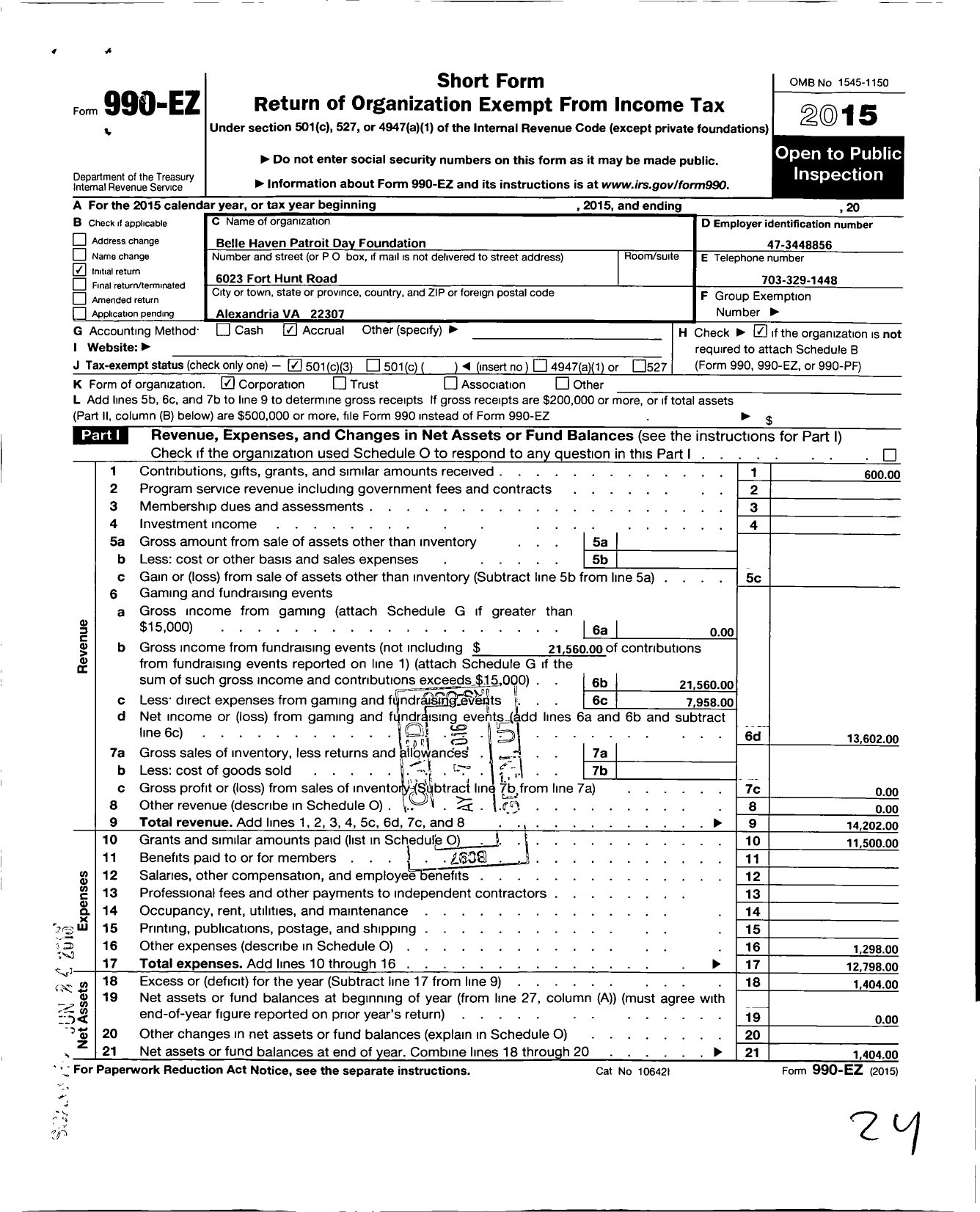 Image of first page of 2015 Form 990EZ for Belle Haven Patriot Day Foundation