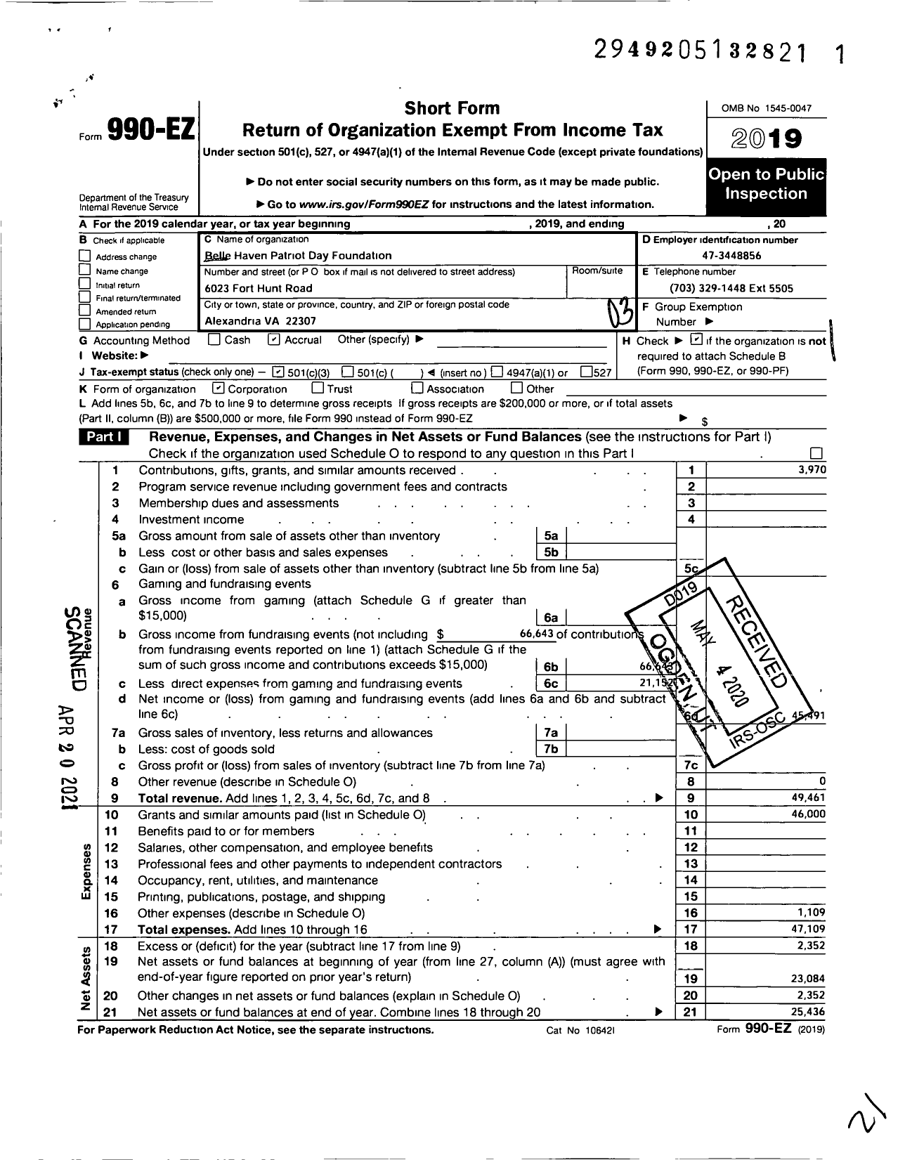 Image of first page of 2019 Form 990EZ for Belle Haven Patriot Day Foundation