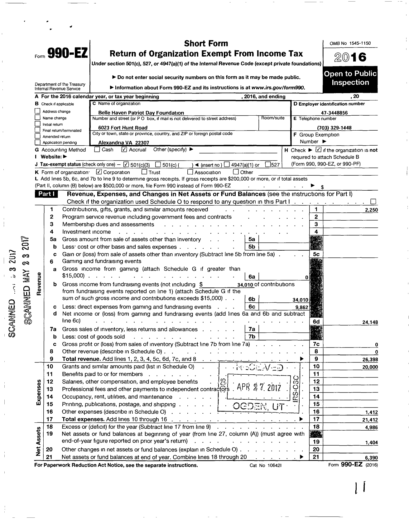 Image of first page of 2016 Form 990EZ for Belle Haven Patriot Day Foundation